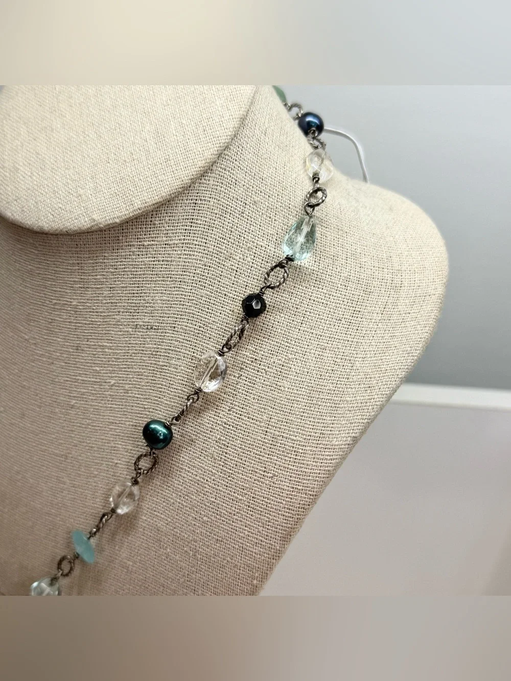 Sterling silver, glass, quartz, genuine pearl front clasp necklace